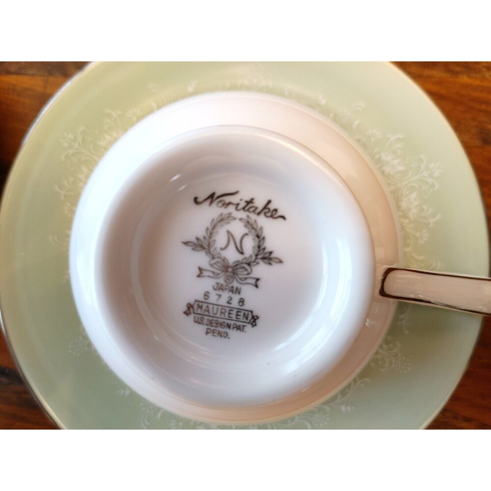 2 Noritake Maureen Cup And Saucer Sets 6728 Green Rim White Silver Trim Japan - Picture 6 of 8